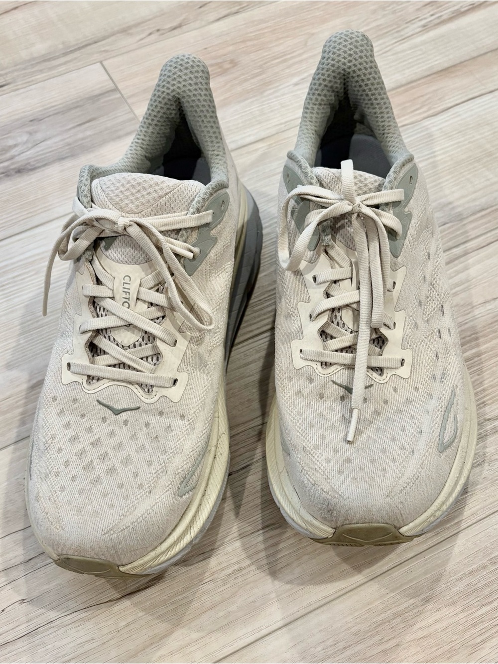 Hoka Clifton beige running shoe